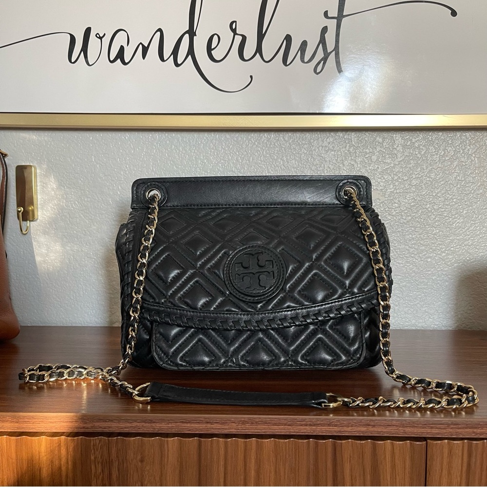 Tory Burch Black Quilted Leather Flap Crossbody with Gold Chain